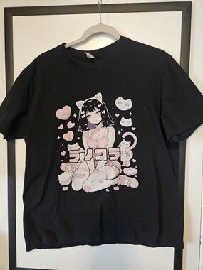 Black Cat Anime Graphic Tee with Pink Accents